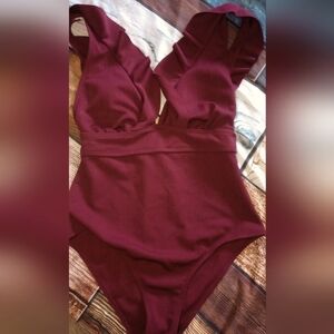 Brand New Super Cute Burgundy Ruffle Top Accented Tie Back 1 Piece Bathing Suit